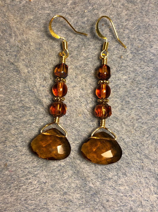 Coffee brown Czech glass briolette bead earrings adorned with brown Czech glass beads.