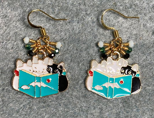 White, black, and turquoise enamel cat charm earrings adorned with tiny dangling white, black, and turquoise Chinese crystal beads.