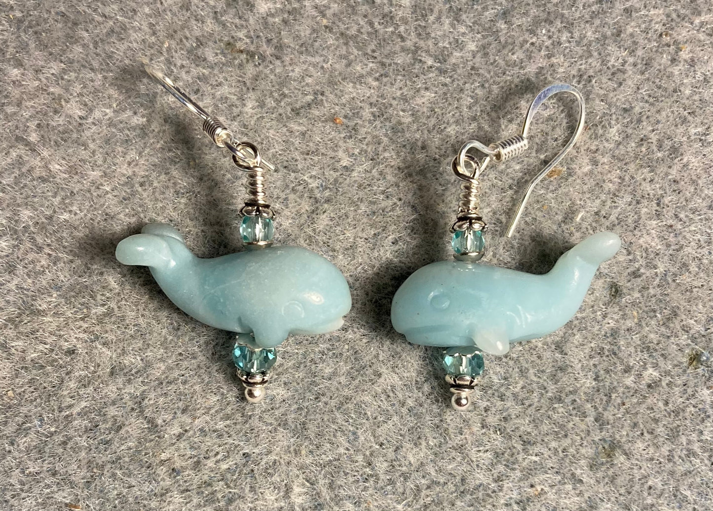Aqua amazonite gemstone whale bead earrings adorned with aqua Chinese crystal beads.