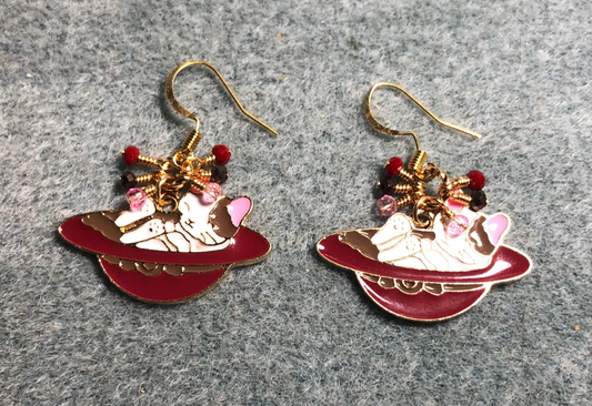 Red, pink, and brown enamel cat charm earrings adorned with tiny dangling red, pink, and brown Chinese crystal beads.