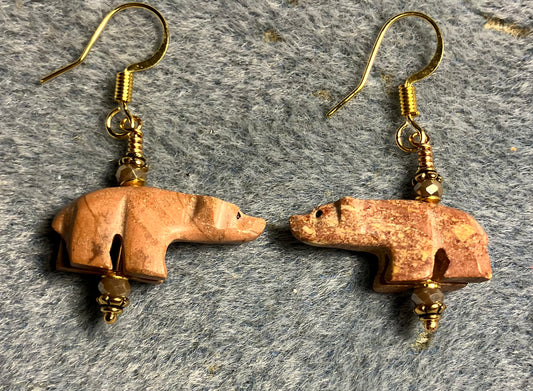 Picture jasper gemstone bear bead earrings adorned with tan Chinese crystal beads.
