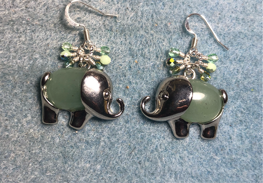 Large silver and green aventurine gemstone elephant charm earrings adorned with small dangling light green Czech glass beads.