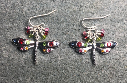 Silver and colored rhinestone dragonfly charm earrings adorned with tiny dangling red, rose, and green Chinese crystal beads.