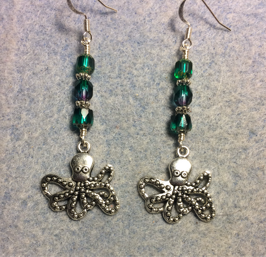 Silver octopus charm earrings adorned with teal and teal purple Czech glass beads