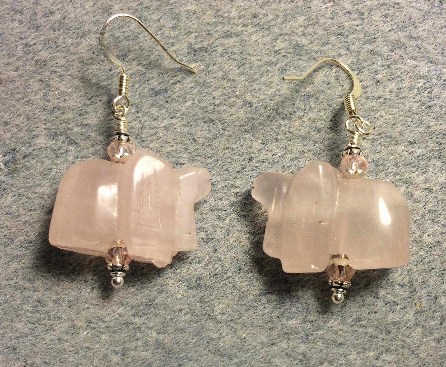 Pink rose quartz gemstone elephant bead earrings adorned with pink Chinese crystal beads.