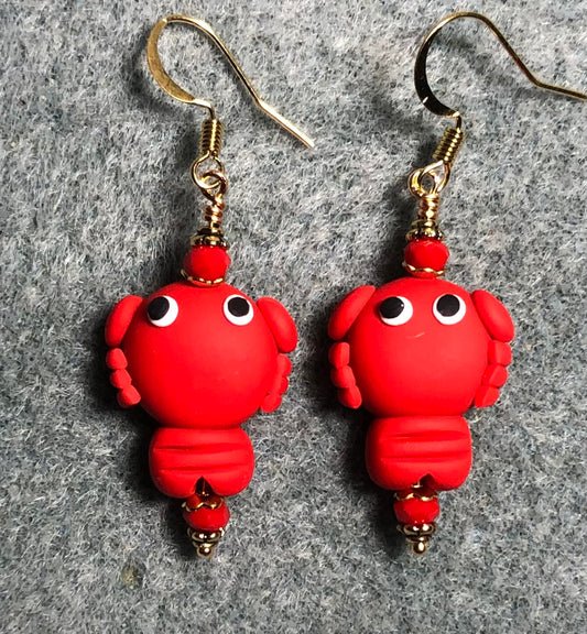 Red polymer clay lobster bead earrings adorned with red Chinese crystal beads.