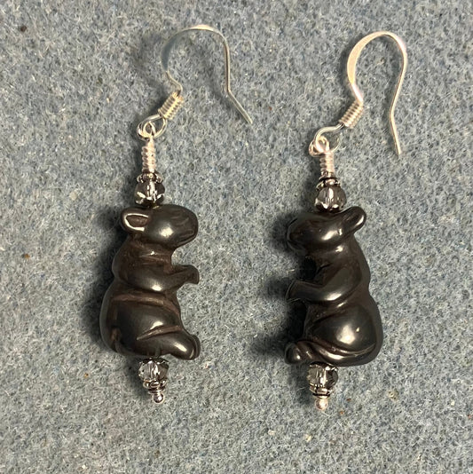 Gray hematite standing mouse bead earrings adorned with gray Chinese crystal beads.