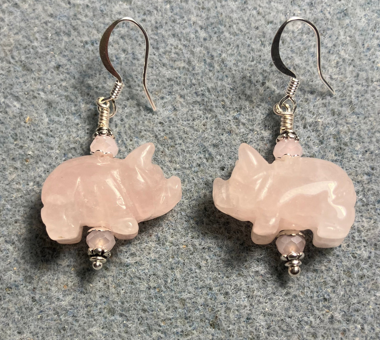 Pink rose quartz gemstone pig bead earrings adorned with pink Chinese crystal beads.