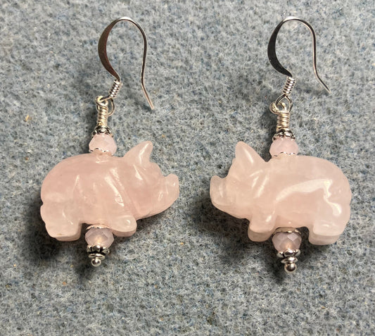 Pink rose quartz gemstone pig bead earrings adorned with pink Chinese crystal beads.