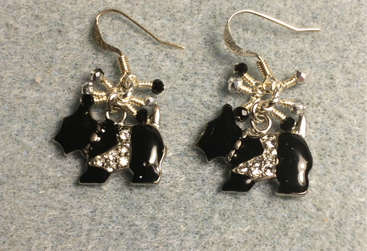 Black enamel and rhinestone Scottish terrier dog charm earrings adorned with tiny dangling black and silver Chinese crystal beads.