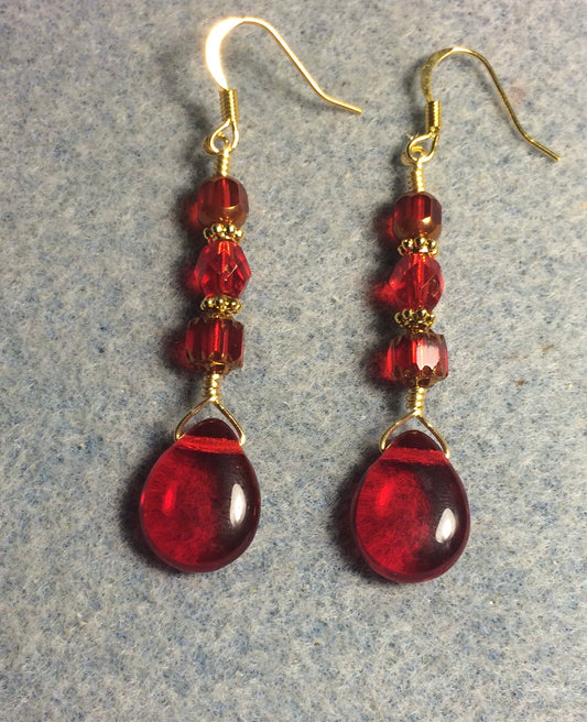 Bright red Czech glass pear drop bead earrings adorned with bright red Czech glass beads.