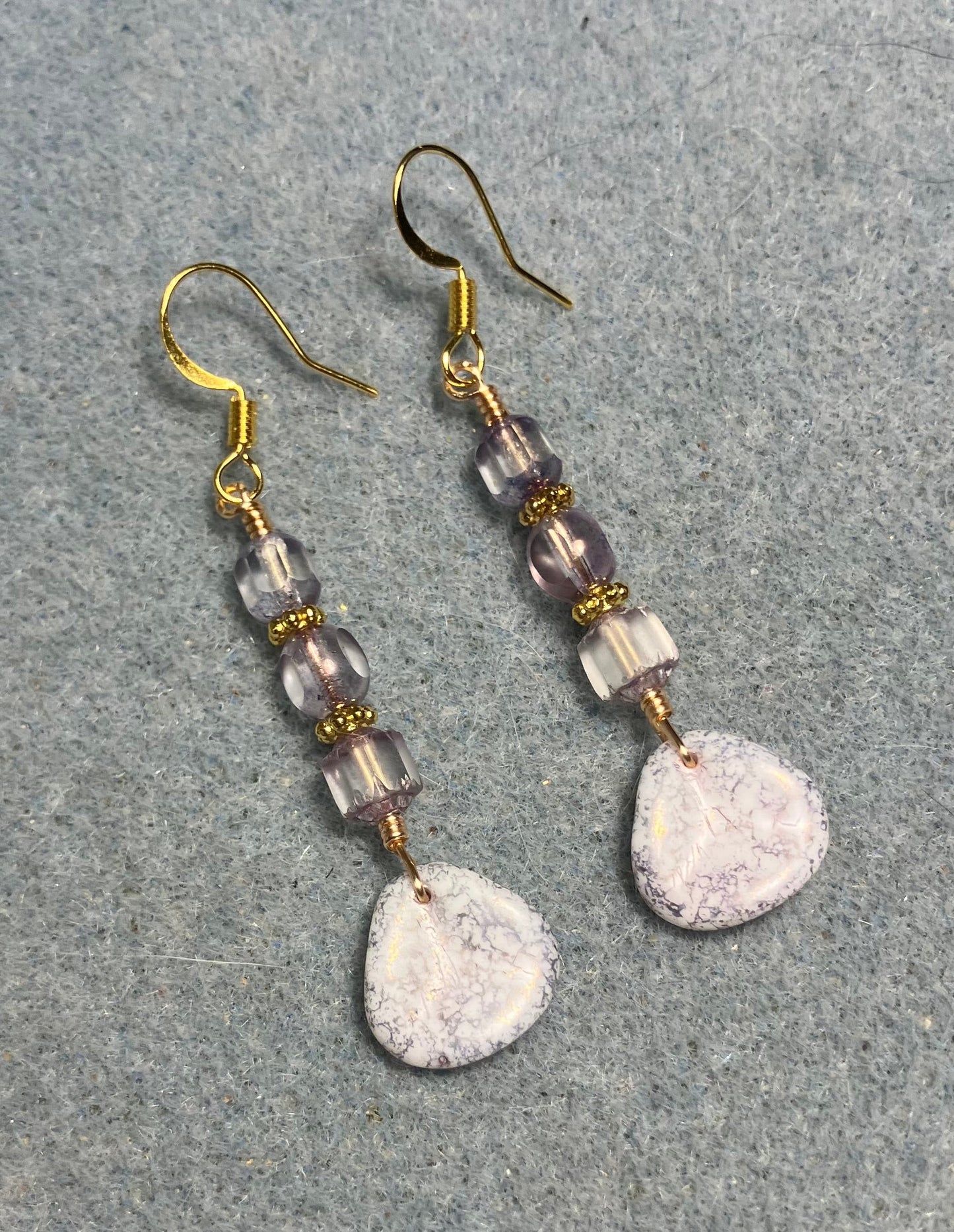 Light violet speckled Czech glass rose petal earrings adorned with light violet Czech glass beads.