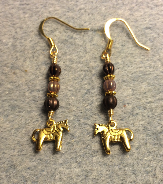 Small gold horse charm earrings adorned with small brown Czech glass melon beads