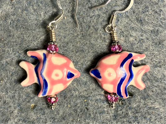 Pink and blue ceramic angelfish bead earrings adorned with hot pink Chinese crystal beads.