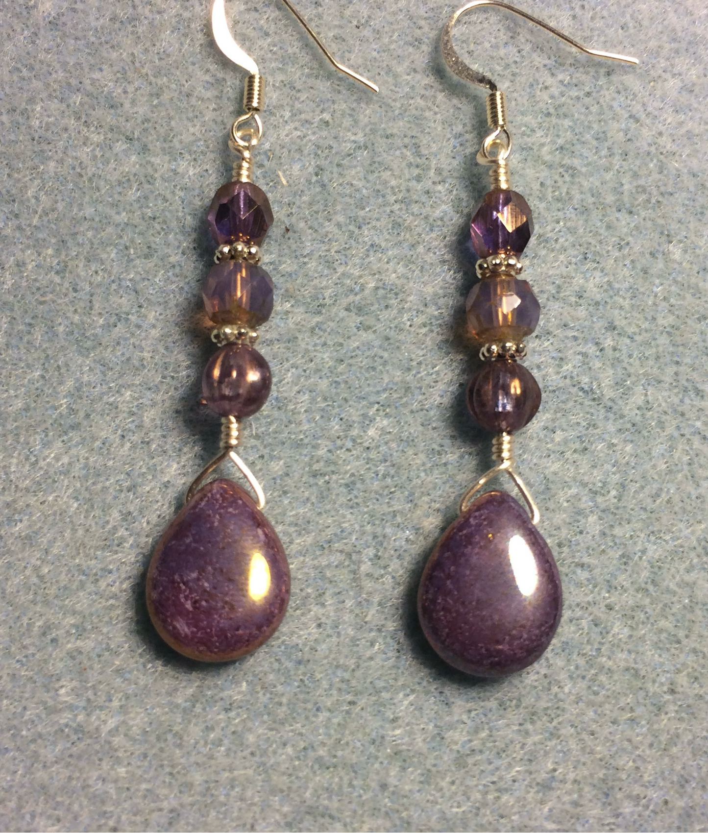 Sparkly purple Czech glass pear drop bead earrings adorned with sparkly purple Czech glass beads.