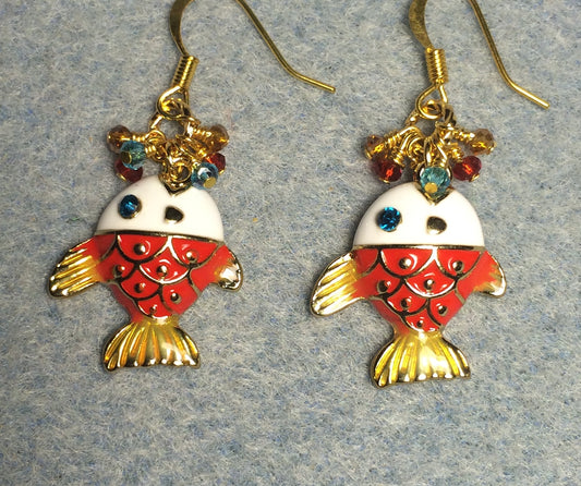 Red, amber, and white enamel fish charm earrings adorned with tiny dangling red, amber, and aqua Chinese crystal beads.