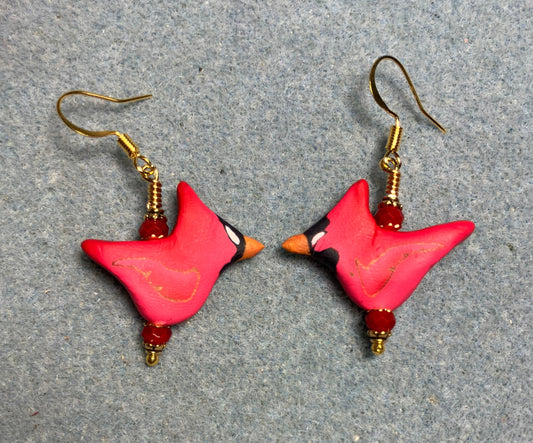 Red polymer clay cardinal bead earrings adorned with red Chinese crystal beads.