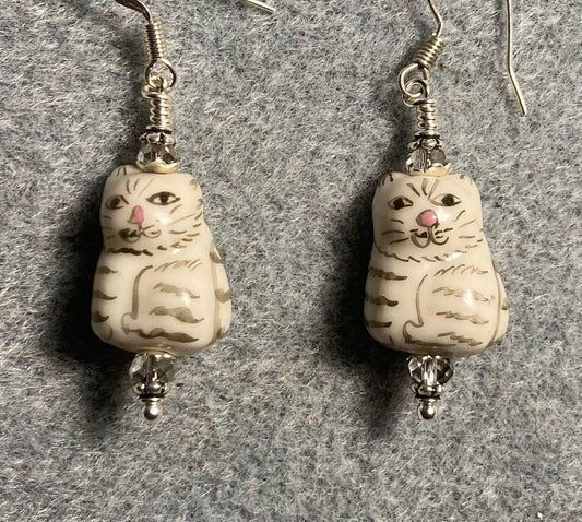 White and black ceramic tabby cat bead earrings adorned with gray Chinese crystal beads.