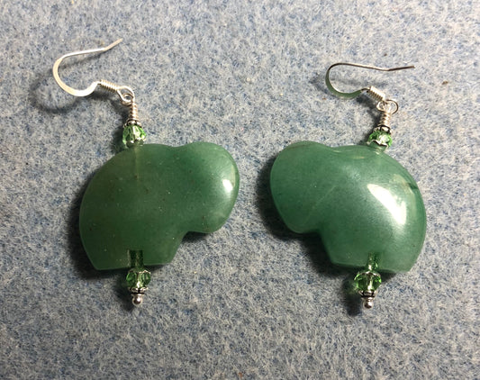Large green aventurine gemstone buffalo bead earrings adorned with light green Chinese crystal beads.