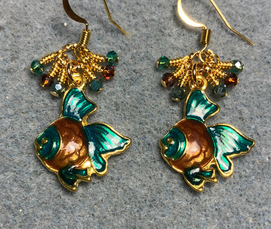 Teal and brown enamel angelfish charm earrings adorned with tiny dangling teal and brown Chinese crystal beads.