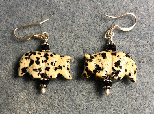 Dalmatian jasper gemstone wolf bead earrings with black Chinese crystal beads.