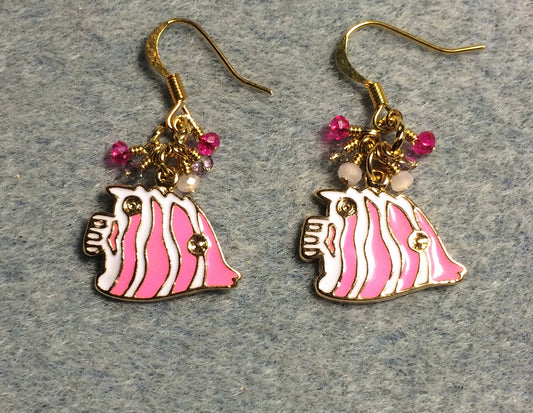 Pink and white enamel striped angelfish charm earrings adorned with tiny dangling hot pink and light pink Chinese crystal beads.
