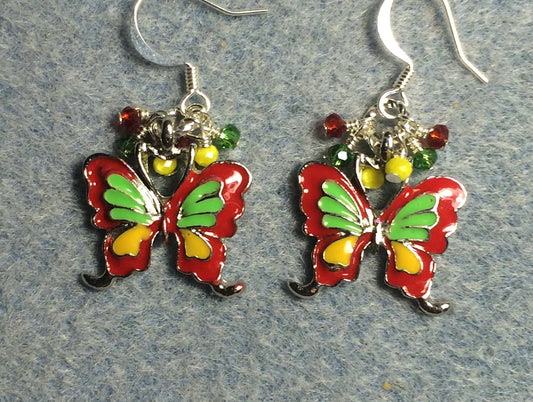 Red, green, and yellow enamel butterfly charm earrings adorned with tiny dangling red, green, and yellow Chinese crystal beads.