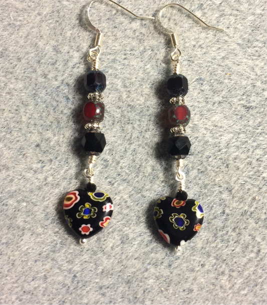 Small black and dark red millefiori Czech glass heart bead earrings adorned with black and dark red Czech glass beads.
