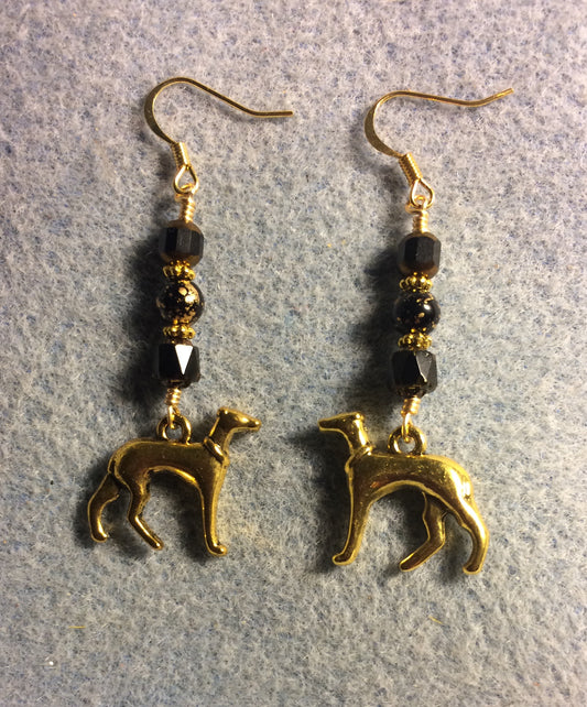 Gold greyhound charm earrings adorned with black Czech glass beads