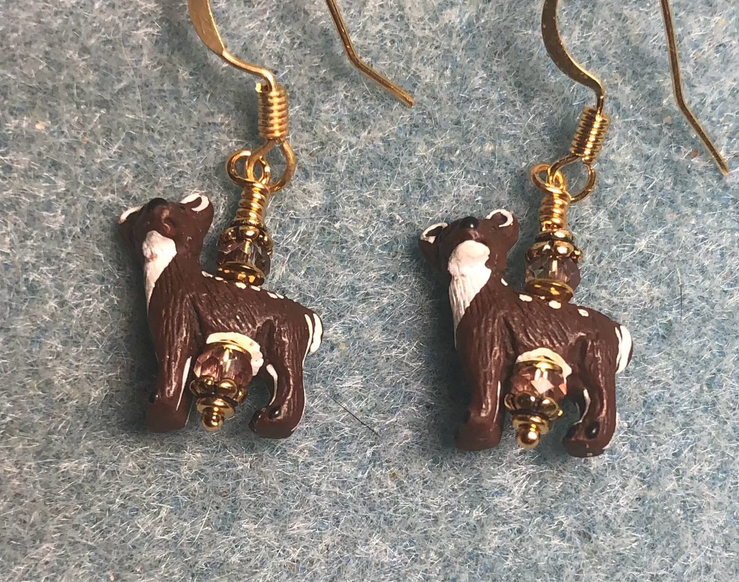 Tiny brown and white ceramic deer bead earrings adorned with brown Chinese crystal beads.