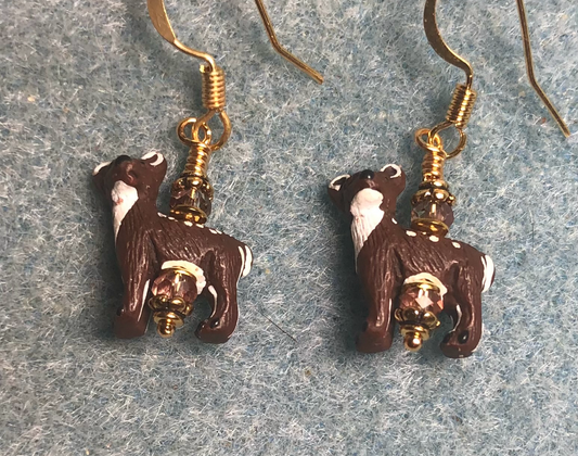 Tiny brown and white ceramic deer bead earrings adorned with brown Chinese crystal beads.