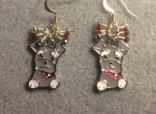 Gray, white, and red enamel puppy dog charm earrings adorned with tiny dangling gray, red, and silver Chinese crystal beads.