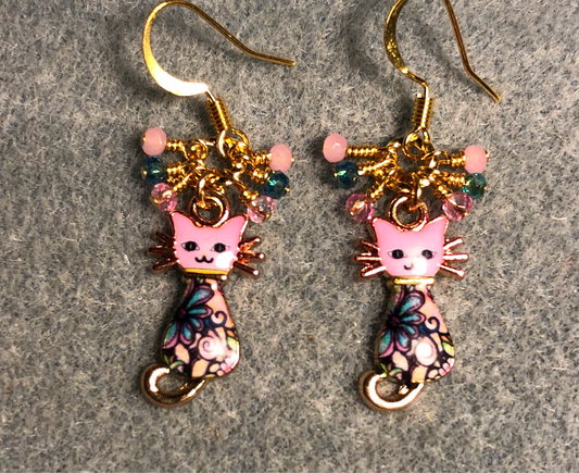 Small pink and turquoise enamel cat charm earrings adorned with tiny dangling pink and turquoise Chinese crystal beads.