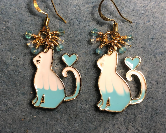Turquoise and white enamel cat charm earrings adorned with tiny dangling turquoise and white Chinese crystal beads.