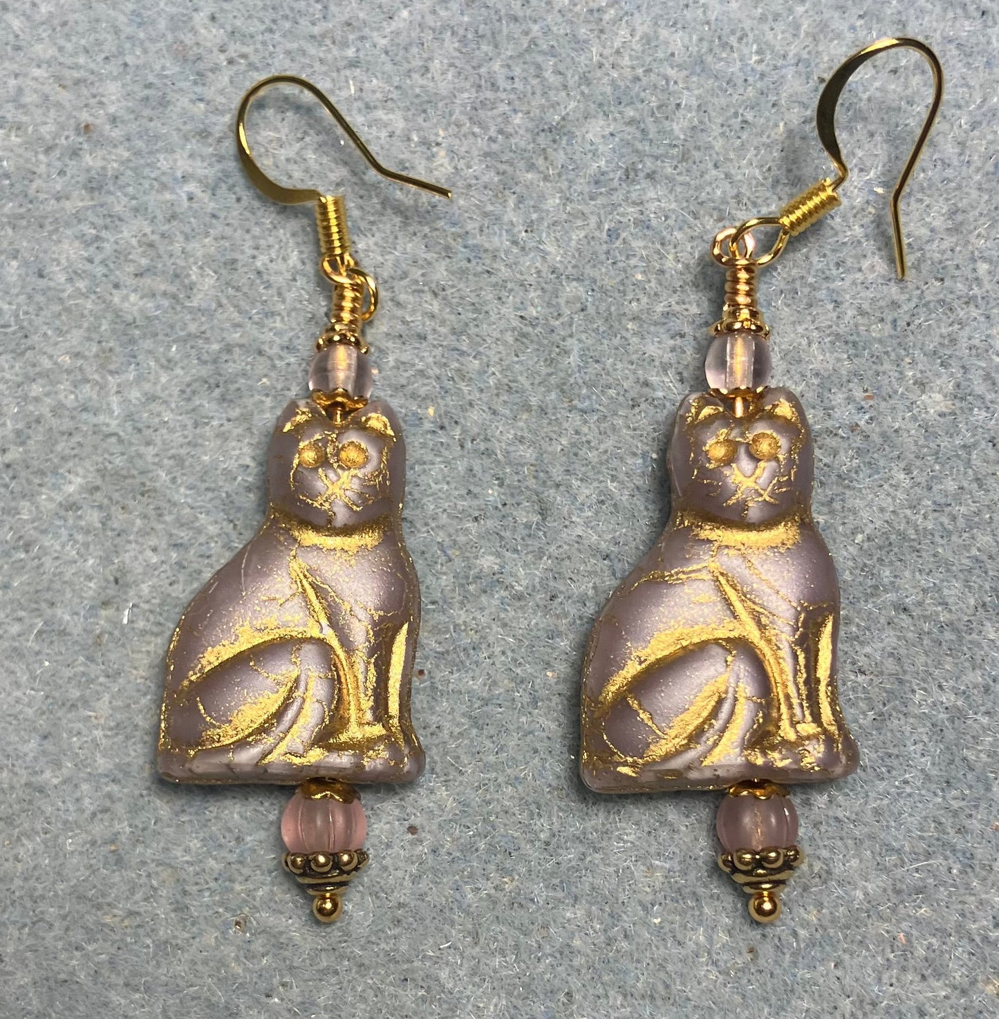 Violet (with gold inlay) Czech glass cat bead earrings adorned with violet Czech glass beads.