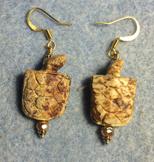 Picture jasper gemstone turtle bead earrings adorned with tan Chinese crystal beads.