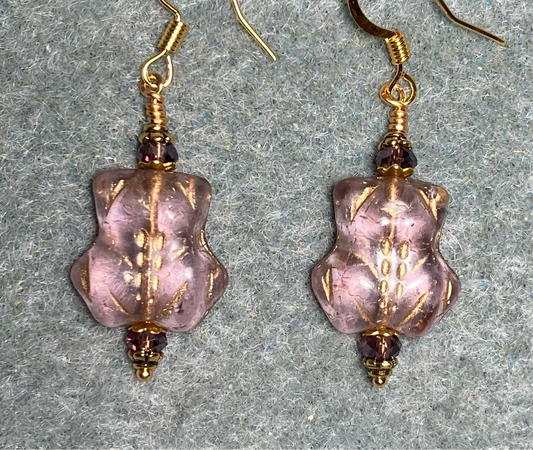 Translucent violet (with gold inlay) Czech glass frog bead earrings adorned with violet Chinese crystal beads.