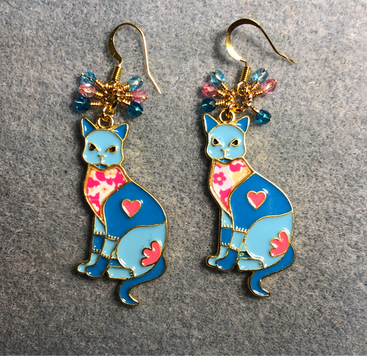 Large turquoise and pink enamel cat charm earrings adorned with small dangling turquoise and pink Czech glass beads.