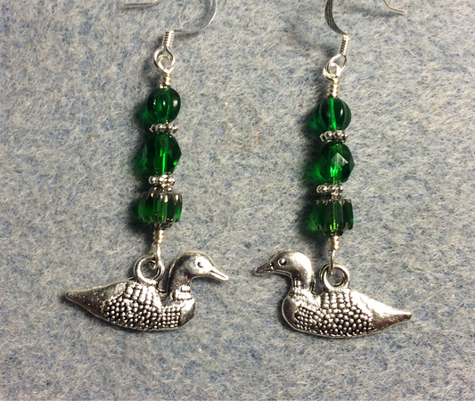 Silver mallard duck (loon) charm earrings adorned with emerald green Czech glass beads.
