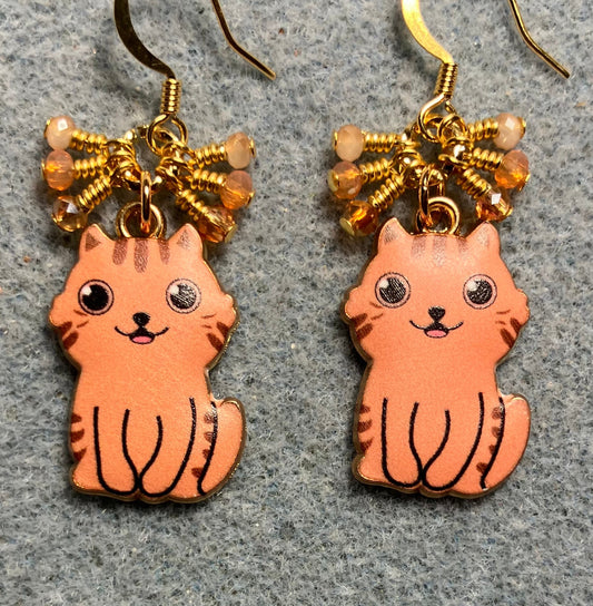 Orange and peach enamel cat charm earrings adorned with tiny dangling orange and peach Chinese crystal beads.