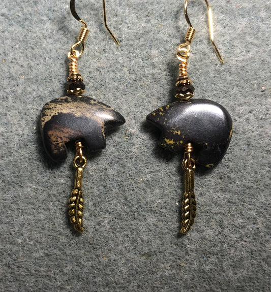 Dark brown tiger iron gemstone Zuni bear fetish bear earrings adorned with brown crystal beads and tiny gold feather charms.