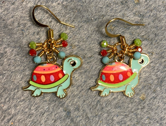 Aqua, red, and green enamel turtle charm earrings adorned with tiny dangling aqua, red, and green Chinese crystal beads.