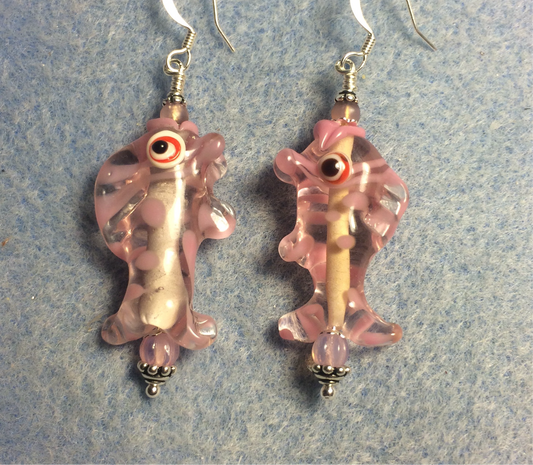 Pink and clear lamp work fish bead earrings adorned with pink Czech glass beads.
