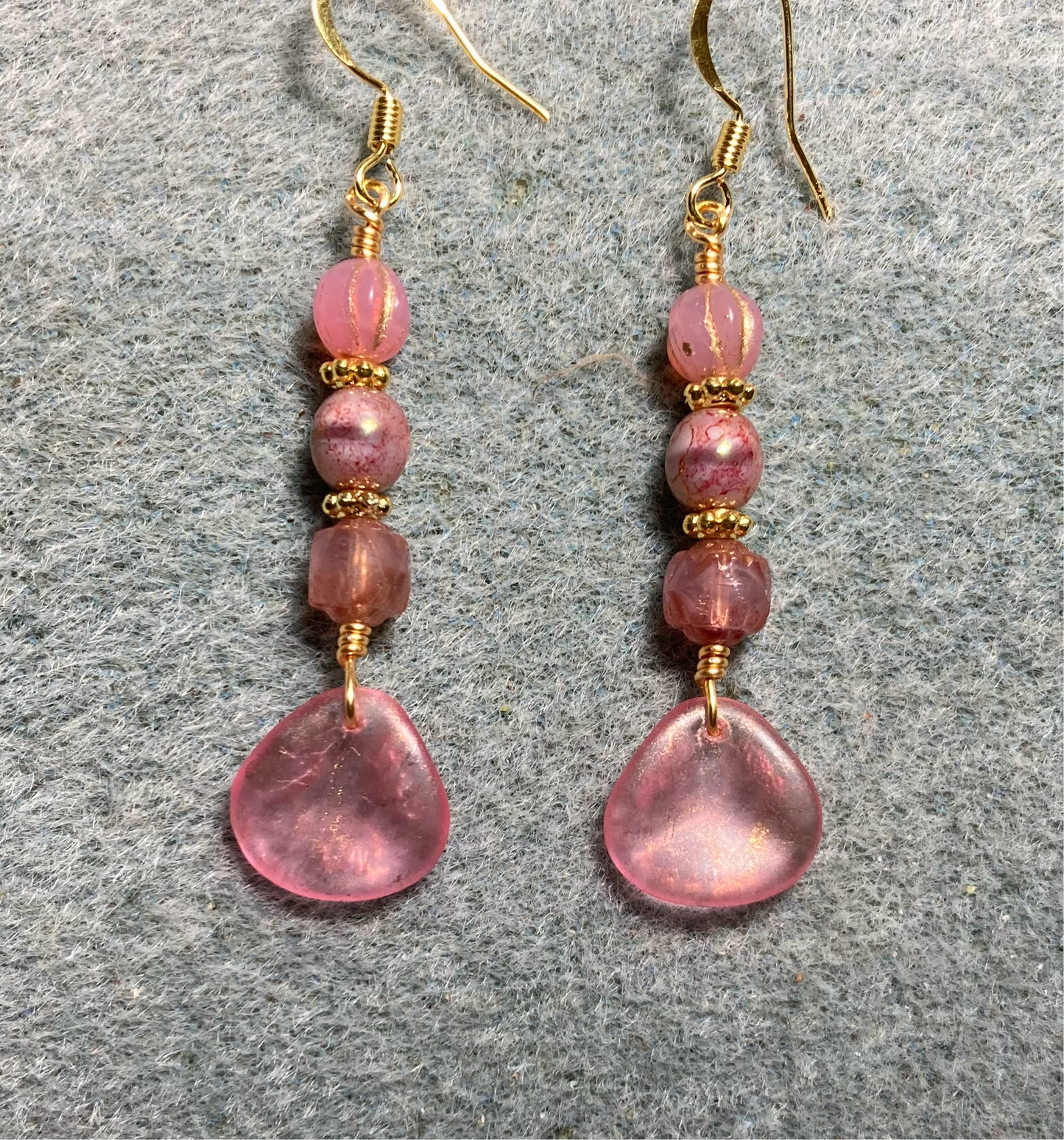 Sparkly pink Czech glass rose petal earrings adorned with pink Czech glass beads.