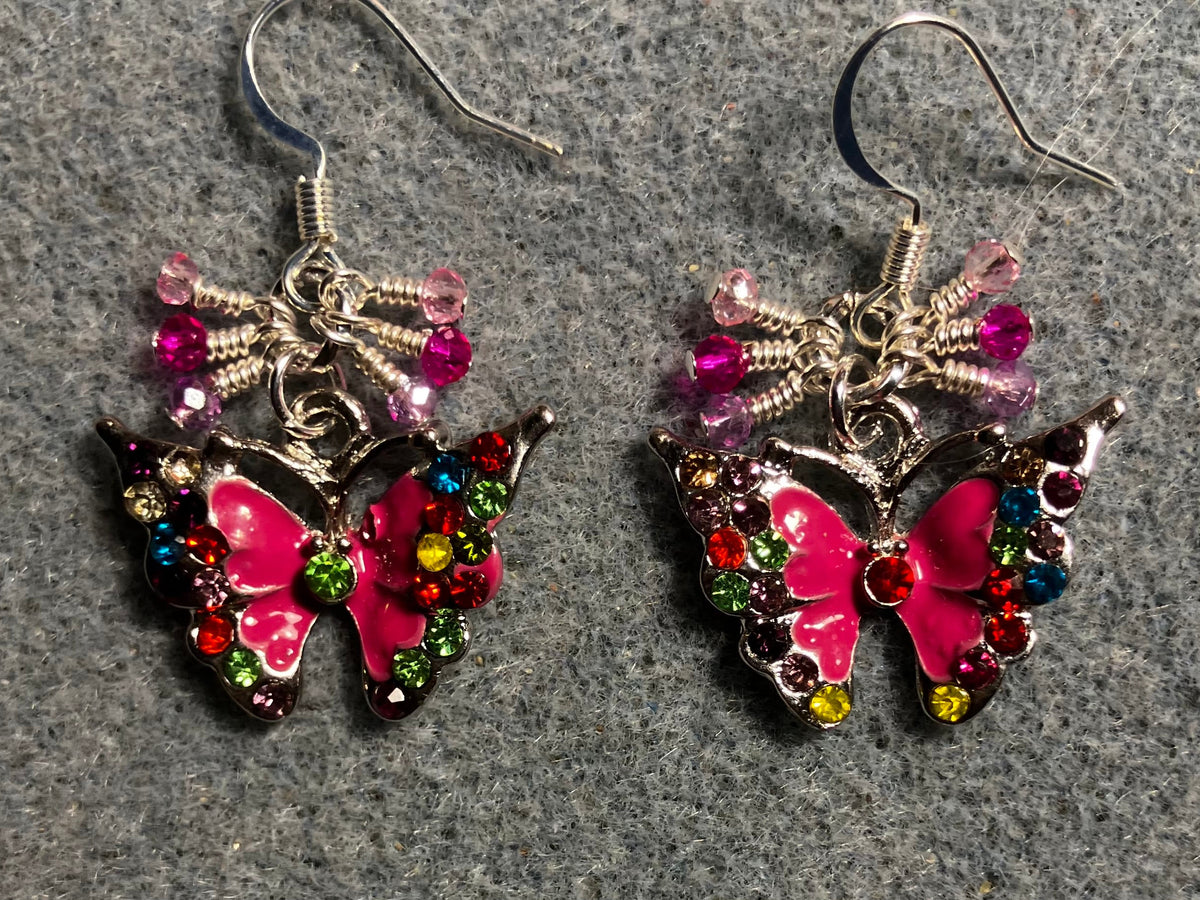 Hot pink enamel and colored rhinestone butterfly charm earrings adorned with tiny dangling hot pink and light pink Chinese crystal beads.