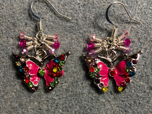 Hot pink enamel and colored rhinestone butterfly charm earrings adorned with tiny dangling hot pink and light pink Chinese crystal beads.