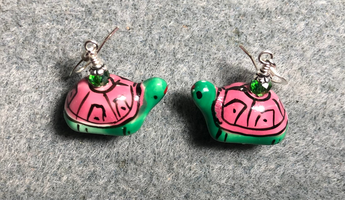 Green and pink ceramic turtle bead earrings adorned with green Chinese crystal beads.