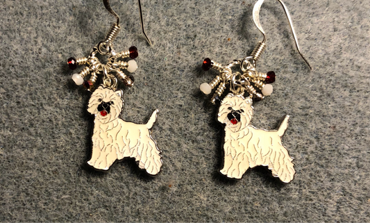 Small white, silver, and red enamel sheepdog charm earrings adorned with tiny dangling white, silver, and red Chinese crystal beads.