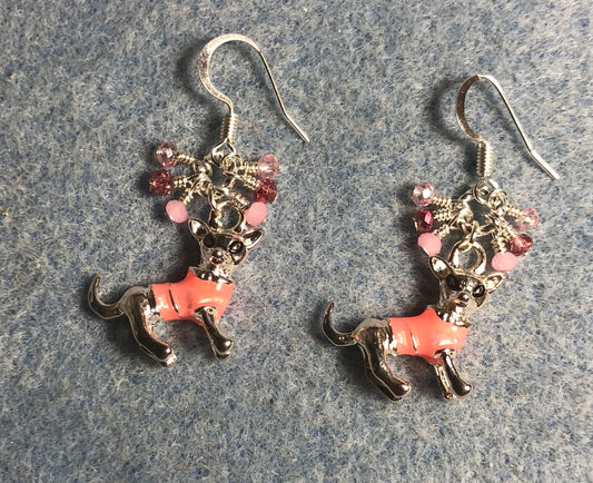Silver and pink enamel chihuahua charm earrings adorned with tiny dangling pink Chinese crystal beads.
