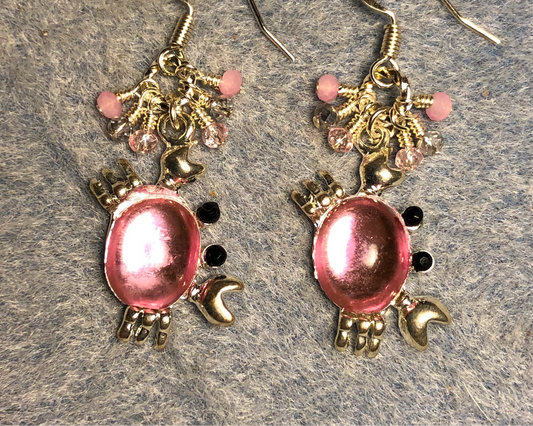 Silver and pink rhinestone crab charm earrings adorned with tiny dangling silver and pink Chinese crystal beads.